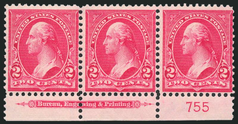 2c Rose Carmine, Ty. IV (279Bc).> Bottom imprint and plate no. 755 strip of three, original gum, center stamp Mint N.H., rich color, fresh and Fine