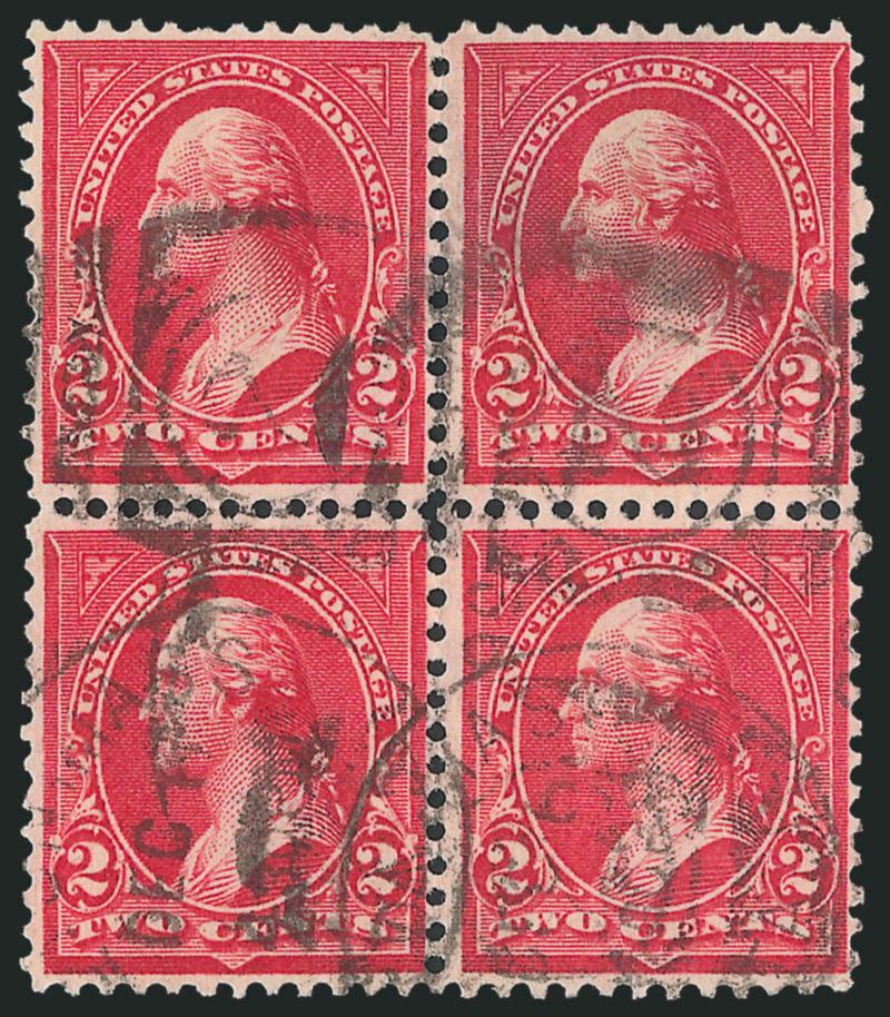 2c Rose Carmine, Ty. IV (279Bc).> Block of four, intense shade and impression, neat strikes of Boston duplex cancels, bottom left stamp light corner creases, Very Fine appearance, a scarce used block of this
shade, Scott Retail as singles