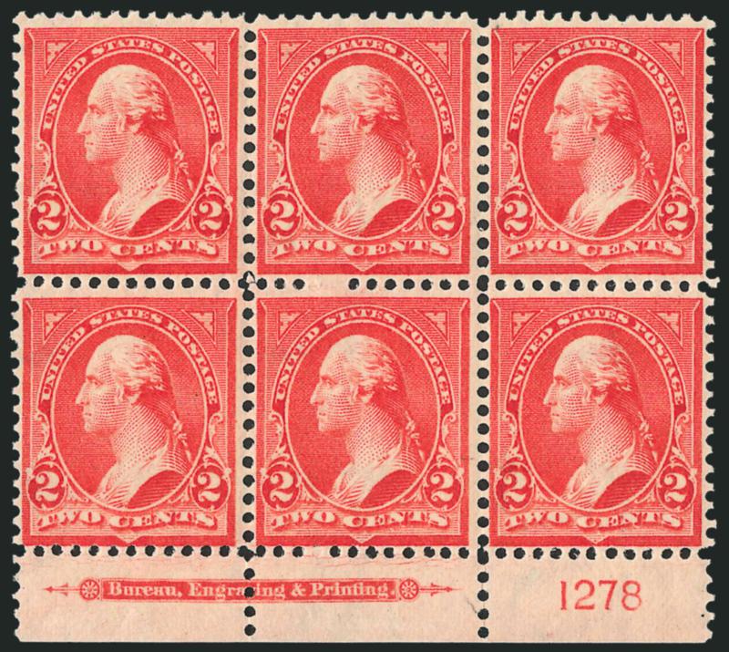 2c Orange Red, Ty. IV (279Bd).> Bottom imprint and plate no. 1278 block of six, original gum, four side stamps Mint N.H., brilliant color, unusual <plate crack> in selvage above imprint, fresh and Fine, the
plate crack is unlisted