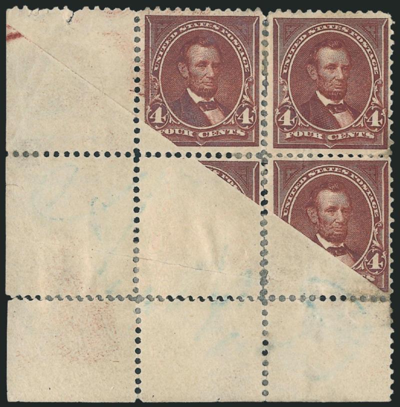4c Rose Brown (280).> Bottom left corner selvage block of four, unused (no gum), but heavy h.r. where perf separations reinforced, dramatic <foldover at lower left causing part-printed design on three stamps,>
lightened blue crayon indicates this was