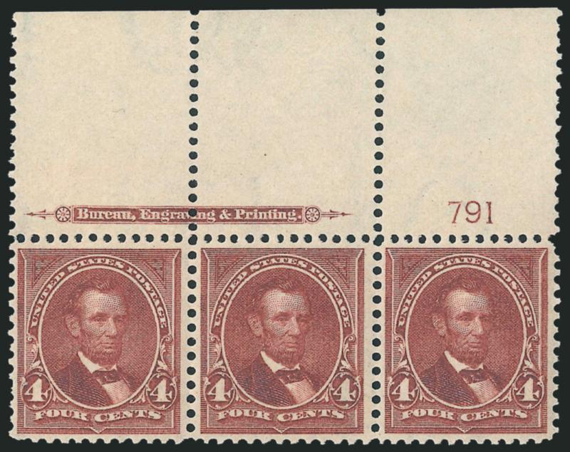 4c Rose Brown (280).> Mint N.H. top imprint and plate no. 791 strip of three with extra wide selvage, gorgeous warm shade, well-balanced margins, fresh and Extremely Fine