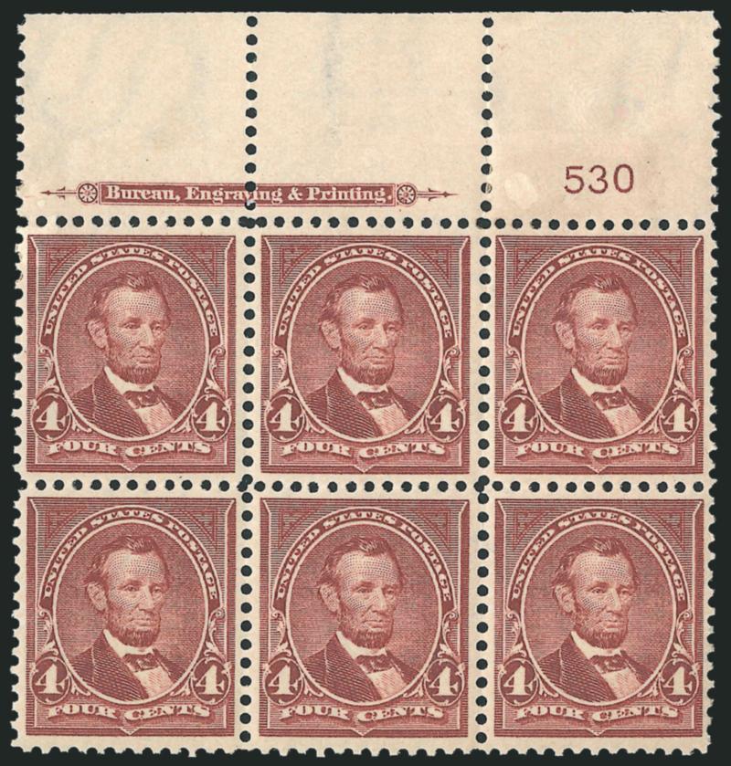 4c Lilac Brown (280a).> Top imprint and plate no. 530 block of six, bottom row and top center stamps Mint N.H., top right and top left stamps h.r., bright color, well-balanced margins, Very Fine and choice, a
beautiful plate block