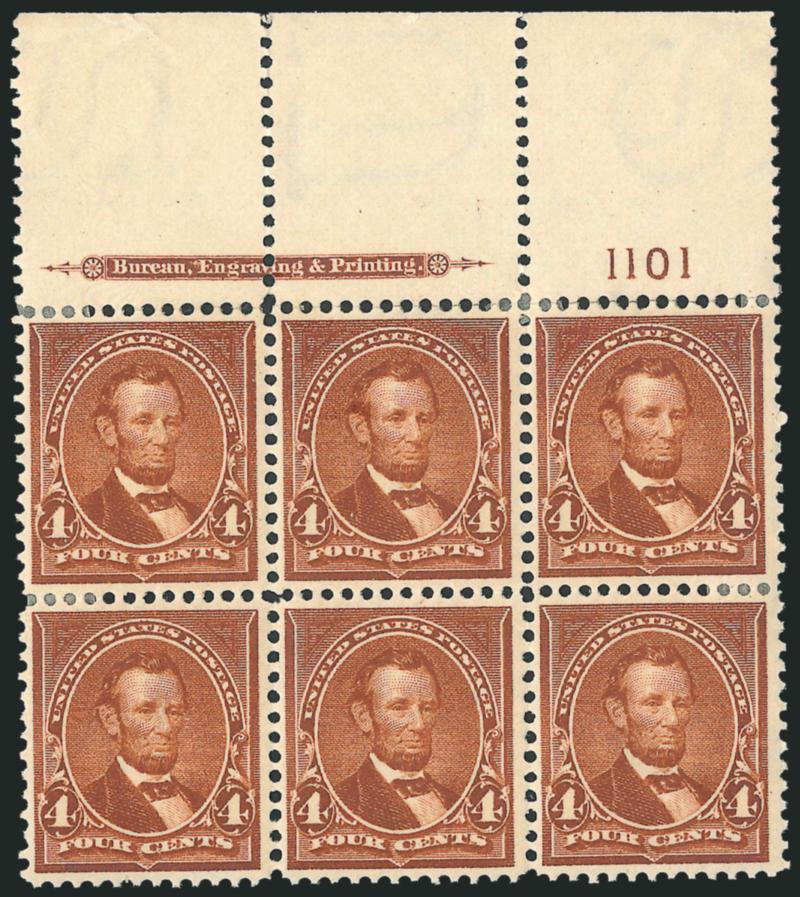 4c Orange Brown (280b).> Top imprint and plate no. 1101 block of six with wide selvage, original gum, few small h.r. slivers where trivial perf separations sensibly reinforced, well-proportioned margins, Very
Fine