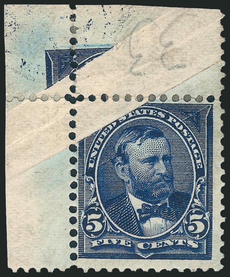 5c Dark Blue (281).> Top left corner selvage single, original gum, h.r., creasing at top left causing <dramatic shift causing top left portion of design to be printed in selvage,> pencil 33 in selvage, some
creasing which caused the variety, Very F
