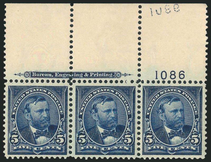 5c Dark Blue (281).> Top imprint and plate no. 1086 strip of three with wide selvage, stamps Mint N.H., single h.r. in ungummed part of selvage, also with unusual <offset of plate no.> at top of selvage, Very
Fine and choice, this plate no. is especi