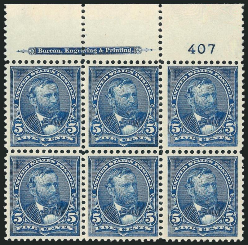 5c Bright Blue (281 var).> Top imprint and plate no. 407 block of six, five stamps Mint N.H., top center stamp h.r. and small thin spot, radiant color in this distinctive sub-shade, Fine-Very Fine
appearance