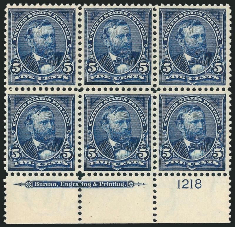 5c Dark Blue (281).> Bottom imprint and plate no. 1218 block of six, original gum, barest trace of hinging, deep rich color and proof-like impression, couple expertly reinforced perf separations at bottom, Very
Fine and choice, a beautiful plate bloc