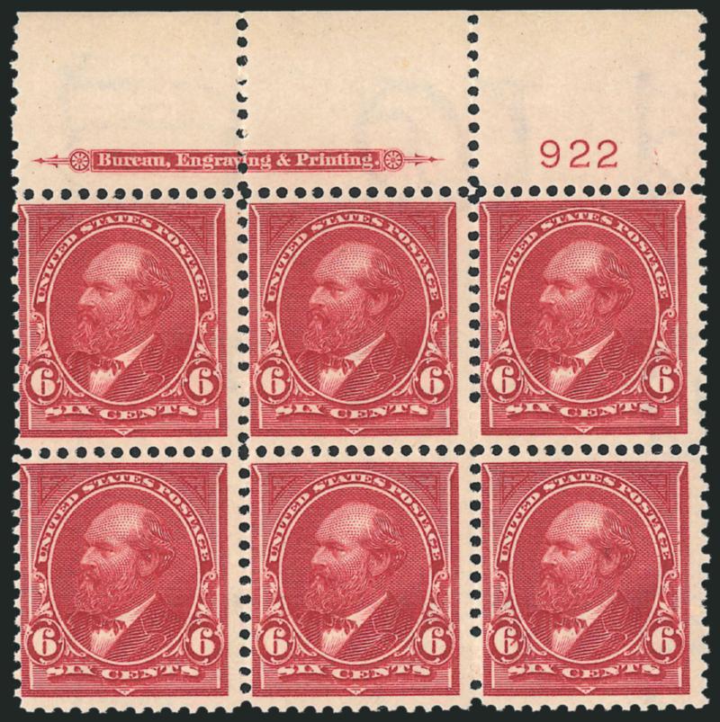 6c Lake (282).> Top imprint and plate no. 922 block of six, stamps Mint N.H., lightly hinged in selvage which has full gum, pretty shade, fresh and Fine