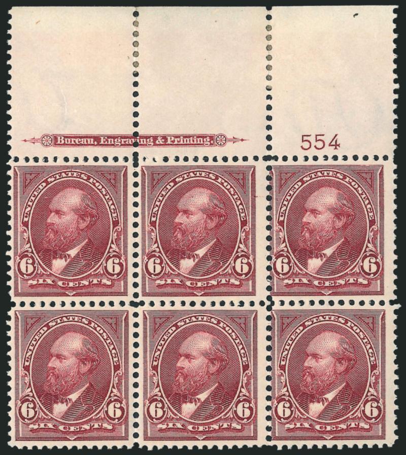 6c Purple Lake (282a).> Top imprint and plate no. 554 block of six with wide selvage, stamps Mint N.H., four h.r. in selvage, rich color, fresh and Fine-Very Fine, the left stamps are especially nice, Scott
Retail as hinged plate block