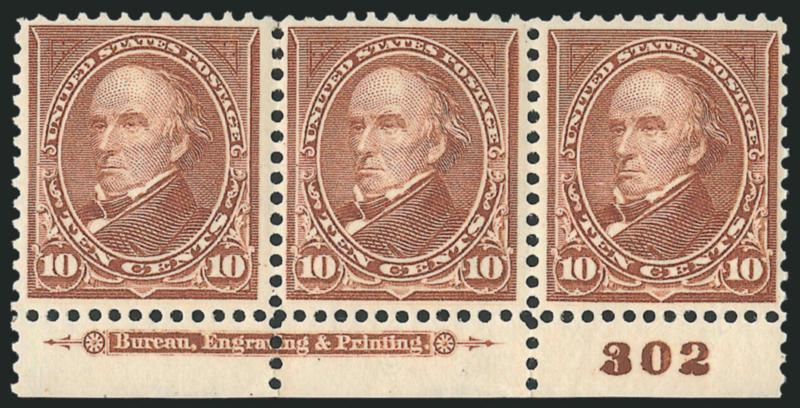 10c Brown, Ty. I (282C).> Bottom imprint and plate no. 302 strip of three, plate no. single Mint N.H., others lightly hinged, bright color, Very Fine and choice, Scott Retail as singles with no premium for the
position