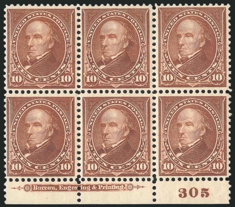 10c Brown, Ty. I (282C).> Bottom imprint and plate no. 305 block of six, original gum, few spots slightly glazed, rich color and detailed impression, well-balanced margins, Very Fine and choice, an attractive
plate block