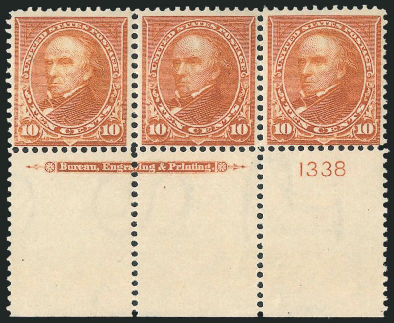 10c Orange Brown, Ty. II, Vertical Wmk. (283a).> Bottom imprint and plate no. 1338 strip of three, side stamps Mint N.H., center stamp single hinge mark, radiant color, left stamp faint crease at top left, Fine
appearing position multiple of this new