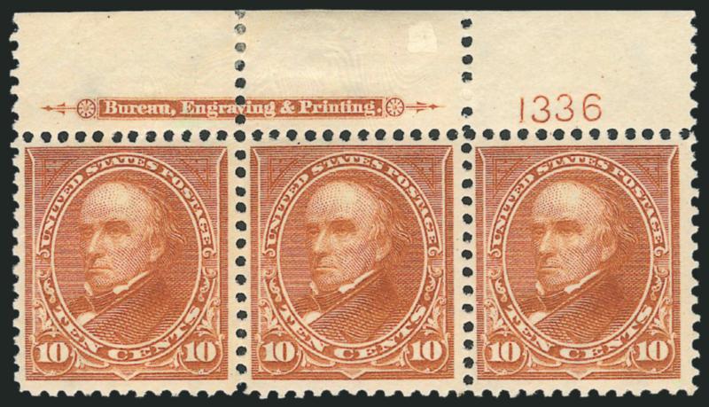 10c Orange Brown, Ty. II, Vertical Wmk. (283a).> Top imprint and plate no. 1336 strip of three, side stamps Mint N.H., center stamp lightly hinged and center selvage h.r., brilliant color, Fine example of this
newly-listed variety, Scott Retail as si