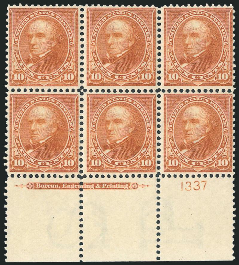10c Orange Brown, Ty. II, Vertical Wmk. (283a).> Bottom imprint and plate no. 1337 block of six with wide selvage, original gum, lightly hinged, radiant color, fresh and Very Fine, an attractive and scarce plate
block with the <vertical watermark>