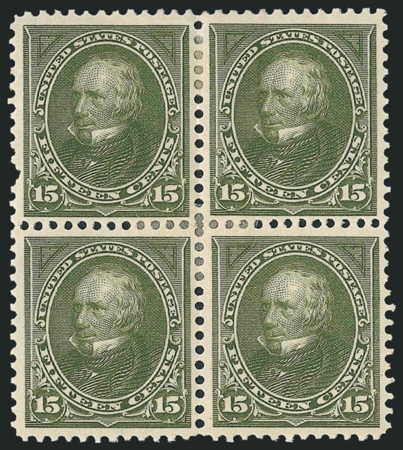 15c Olive Green (284).> Block of four original gum, h.r., rich color, choice centering, top left stamp pulled perf, otherwise Very Fine