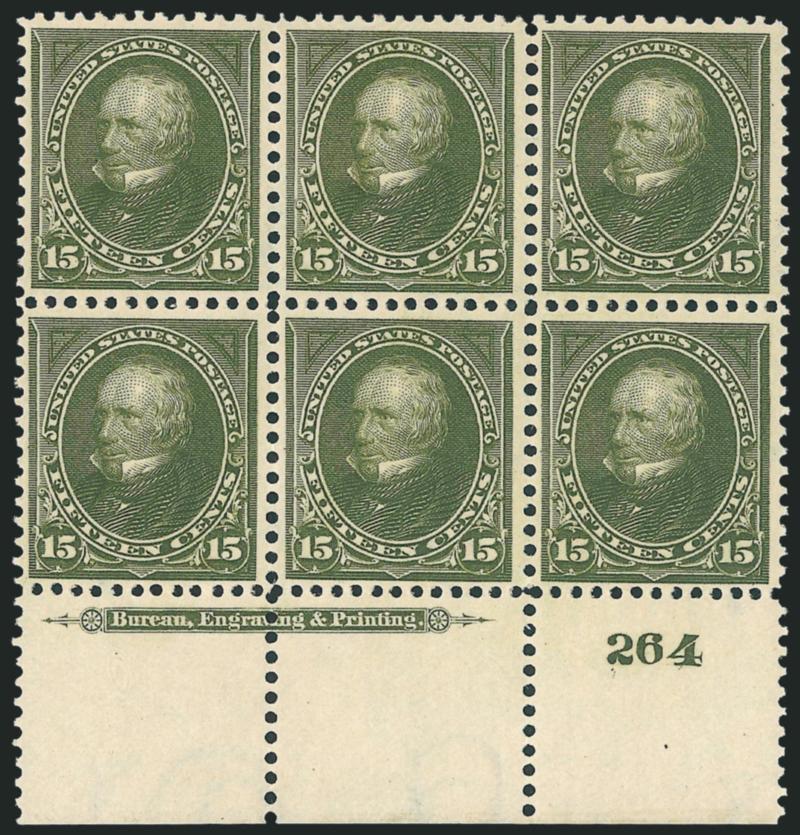15c Olive Green (284).> Bottom imprint and plate no. 264 block of six with wide selvage, five stamps Mint N.H., top center stamp lightly hinged and with natural perf indentation, Very Fine and choice, an
attractive plate block, Scott Retail as single