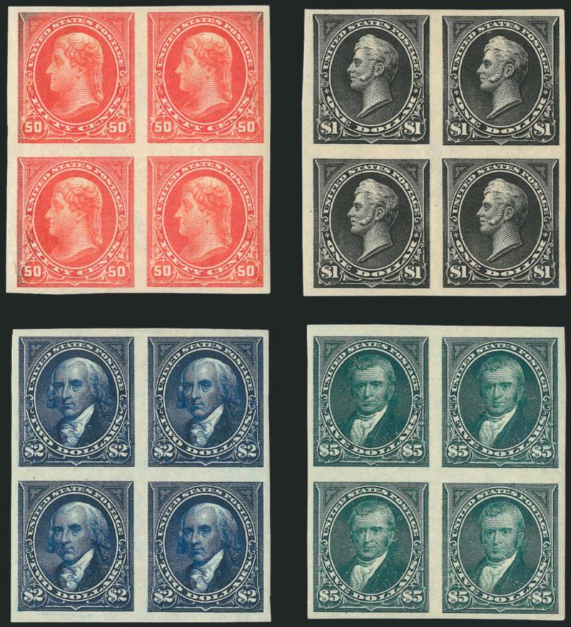 1c-$5.00 1895 Issue, Imperforate (264a-278a).> Complete set of 1895 Imperforates in blocks of four ($1.00 Type I only, as it exists), original gum, h.r., large margins all around, bright colors, a few tiny and
trivial thin specks affecting one or two