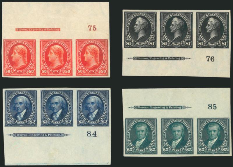1c-$5.00 1895 Issue, Imperforate (264a-278a).> Complete set of 1895 Imperforates in <imprint and plate no. strips of three,> 19 total and <complete for every plate number used to print the imperforates,> incl.
three 1c (one a strip of four), two each