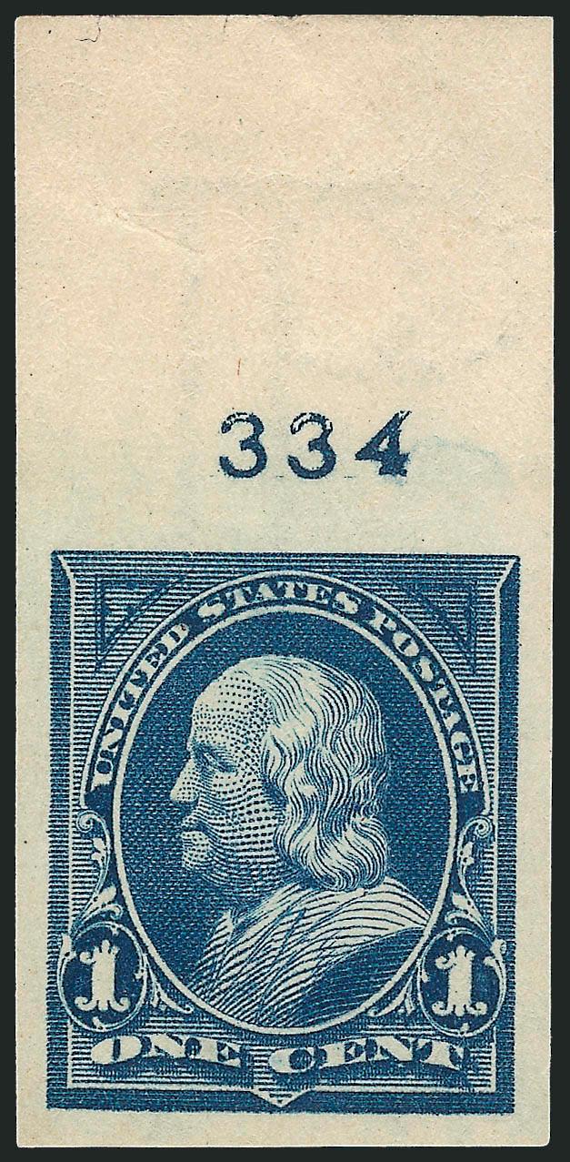 1c Blue, Imperforate (264a).> Plate no. 334 single with plate no. at top, original gum, lightly hinged, large margins, Very Fine and choice, especially desirable with the plate no., Scott Retail as pair
$275.00