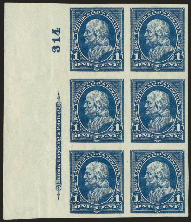 1c Blue, Imperforate (264a).> Left imprint and plate no. 314 block of six, original gum, rich color, large margins, small thin at bottom right, Very Fine appearance, a rare plate block, unpriced as a plate block
in Scott, Scott Retail as three pairs