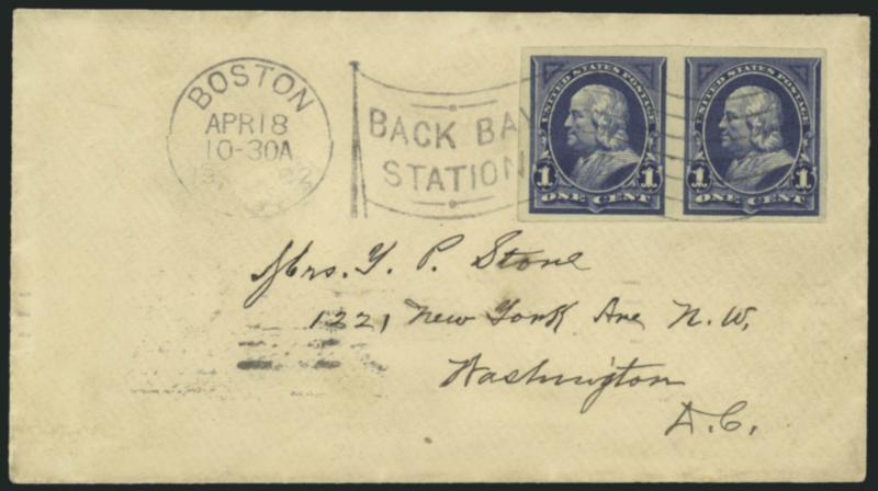 1c Blue, Imperforate (264a).> Horizontal pair, large and even margins, tied by Boston Mass. Back Bay Station Apr. 18, 1902 machine cancel on cover to Washington D.C., receiving backstamp, fresh and Very Fine, a
rare usage of the 1c imperforate on c