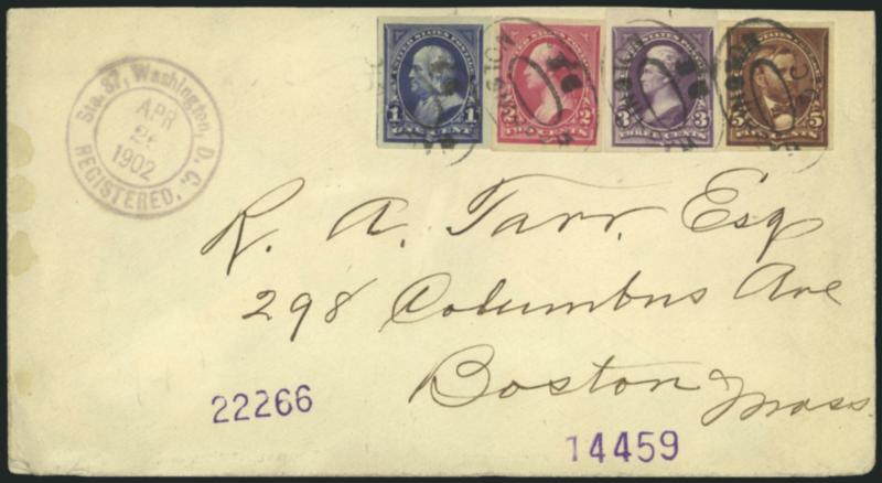 1c Blue, 2c Carmine, Ty. III, 3c Purple, 5c Chocolate, Imperforate (264a, 267a, 268a, 270a).> Large margins, 3c with sheet margin at top, tied by Washington D.C. registry ovals, purple Washington D.C.
Registered, Apr. 26, 1902 double-circle datesta