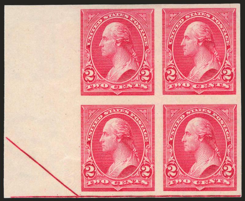 2c Carmine, Ty. III, Imperforate (267a).> Left sheet margin block of four with part arrow, large margins all around, original gum, radiant color, top right stamp small thin spot, Very Fine appearance, a scarce
block