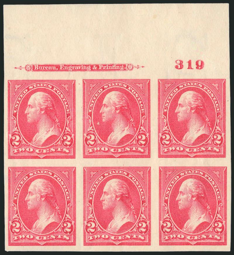 2c Carmine, Ty. III, Imperforate (267a).> Top imprint and plate no. 319 block of six, large margins all around, original gum, small h.r. at bottom left, few glazed spots from adherence to mount, brilliant color,
Very Fine and choice, we have sold bot
