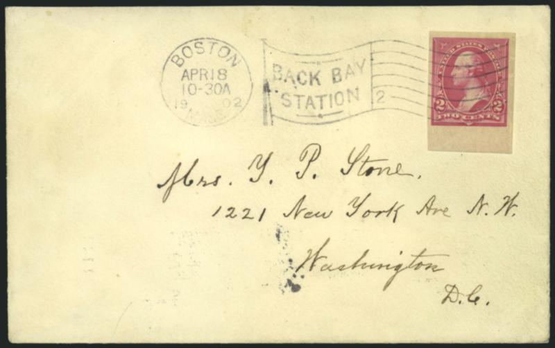 2c Carmine, Ty. III, Imperforate (267a).> Large to huge margins incl. sheet margin at bottom, tied by Boston Mass. Back Bay Station Apr. 18, 1902 machine cancel on cover to Washington D.C., receiving backstamp,
fresh and Very Fine, desirable with t
