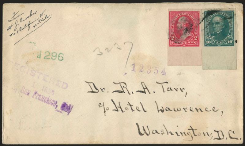2c Carmine, Ty. III, 10c Dark Green, Imperforate (267a, 273a).> Large margins to clear incl. <sheet margins at bottom,> tied by indistinct handstamp on registered cover to Washington D.C., purple Registered Nov.
1, 1898, Sta. K, San Francisco Cal.