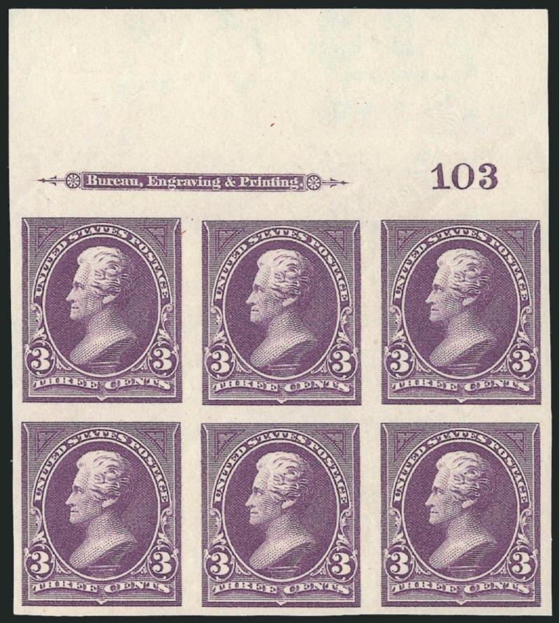 3c Purple, Imperforate (268a).> Top imprint and plate no. 103 block of six, large margins, bright color, original gum, light natural gum bend, Very Fine and choice, a scarce plate block, the largest multiple
contained in Power Search outside of a set