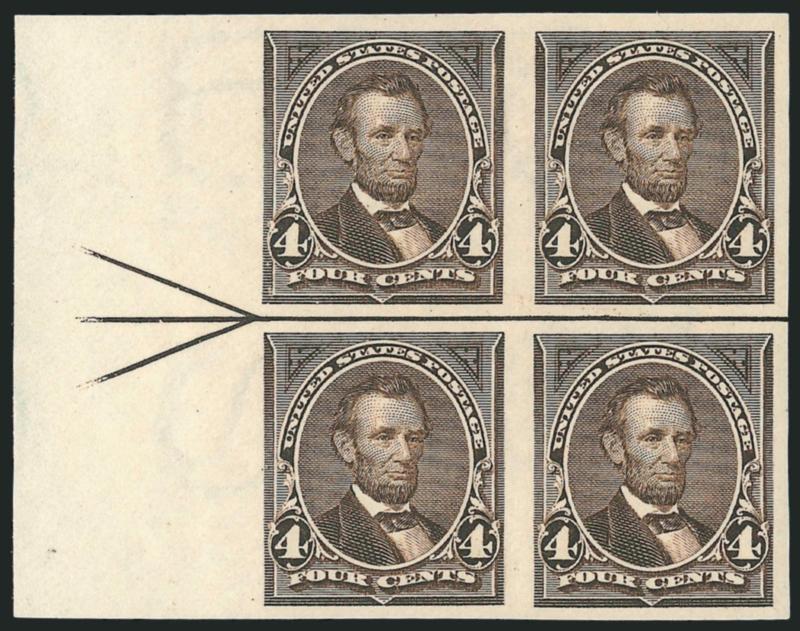 4c Dark Brown, Imperforate (269a).> Left arrow block of four, large margins, deep rich color, original gum, top stamps light natural gum wrinkle, Very Fine, attractive and scarce position multiple, this is the
first block we have sold since keeping c