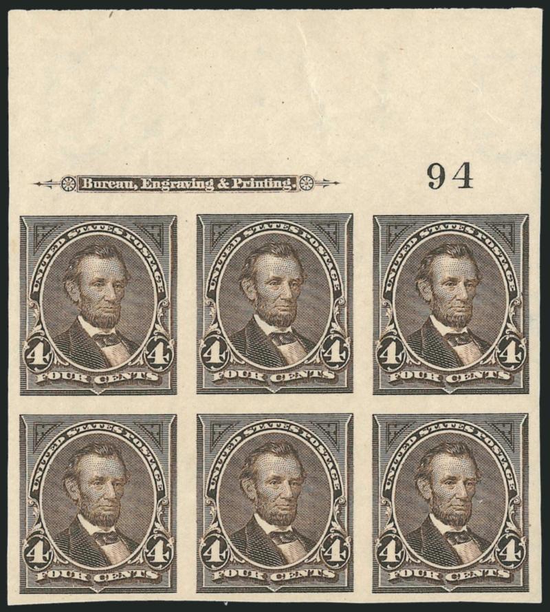 4c Dark Brown, Imperforate (269a).> Top imprint and plate no. 94 block of six, large margins, intense shade and impression, original gum, lightly hinged, Very Fine and choice, an exceedingly rare plate block,
only three are recorded, this is the only