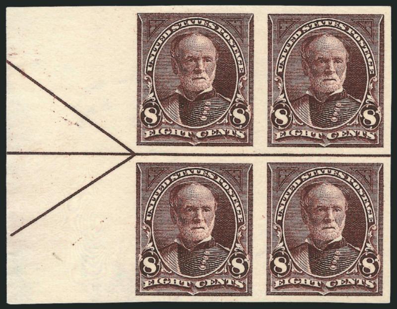 8c Violet Brown, Imperforate (272b).> Left arrow block of four, large margins all around, original gum, rich color, tiny ms. mark in sheet margin of little consequence, Very Fine and choice, a scarce position
multiple, Scott Retail with no premium fo
