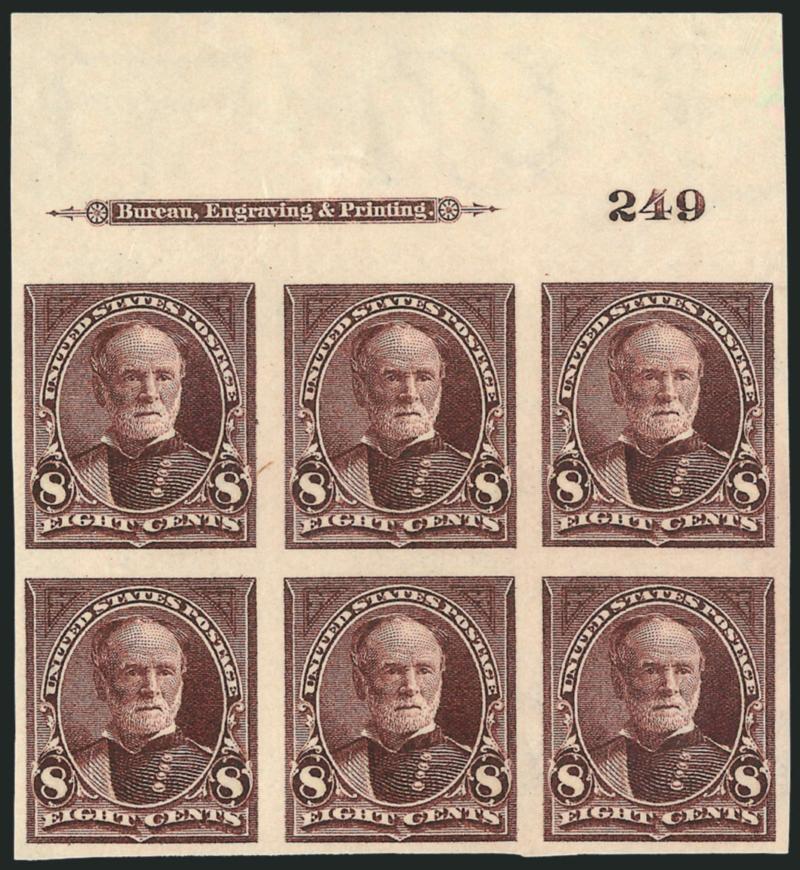 8c Violet Brown, Imperforate (272b).> Top imprint and plate no. 249 block of six with wide selvage, large margins, gorgeous color and impression, original gum, usual light natural paper wrinkles, Very Fine and
choice, this is the only recorded plate