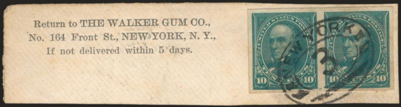 10c Dark Green, Imperforate (273a).> Horizontal pair, large margins all around, tied by New York 3 oval on piece with printed return address from The Walker Gum Co., faint corner crease at top right and light
overall soiling, Very Fine appearance,