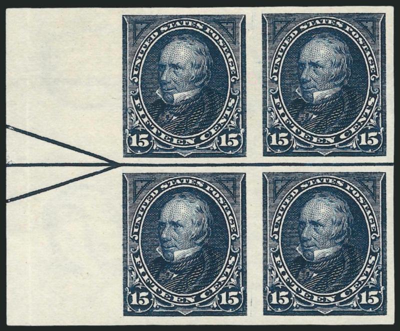15c Dark Blue, Imperforate (274a).> Left arrow block of four, huge margins all around, gorgeous color and detailed impression, unused (no gum), faint vertical crease at left edge of selvage, Very Fine, a rare
position multiple, Scott Retail as with g