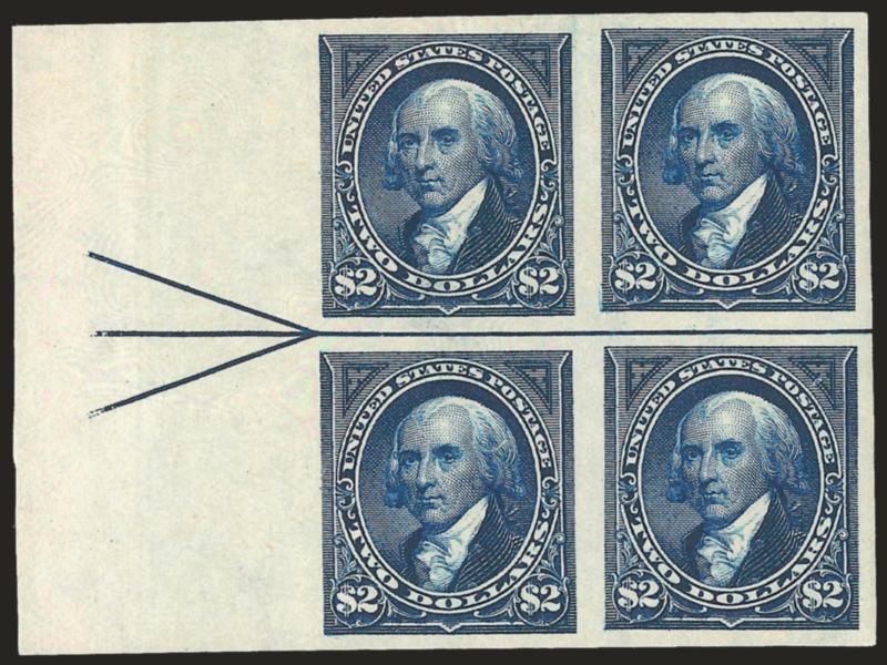 $2.00 Dark Blue, Imperforate (277b).> Left arrow block of four, large margins all around, original gum, deep rich color, top left stamp thin spot<><>^VERY FINE APPEARANCE. AN EXTREMELY RARE ORIGINAL-GUM BLOCK OF
FOUR OF THE IMPERFORATE 1895 $2.00 W