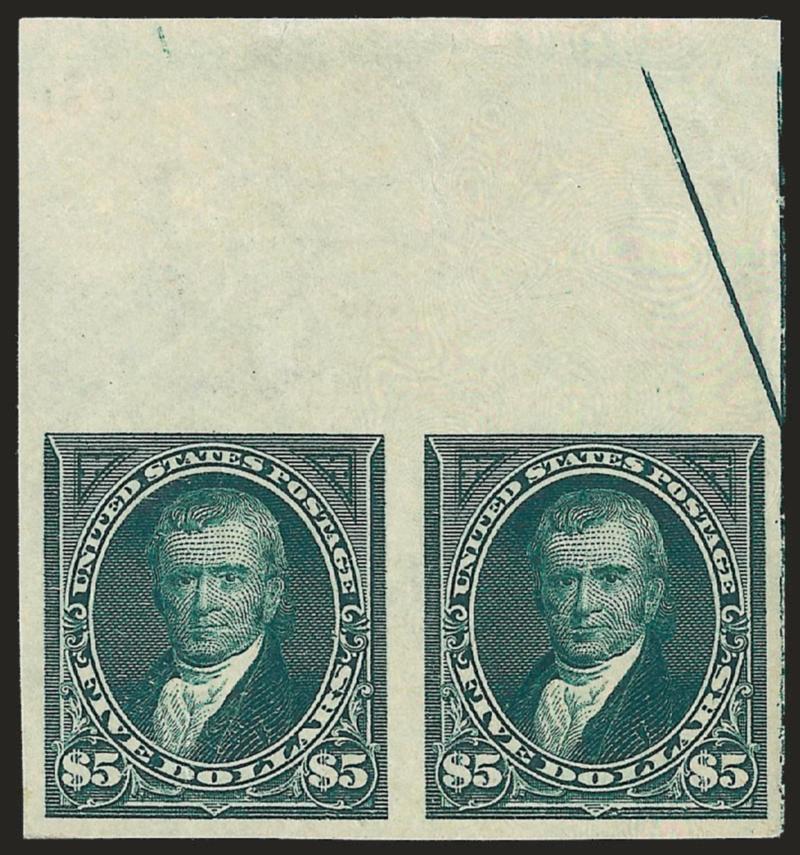 $5.00 Dark Green, Imperforate (278a).> Horizontal pair with wide sheet margin and part arrow at right, large margins all around, original gum, left stamp h.r., few light natural paper wrinkles, Very Fine, a
scarce sheet-margin pair of the $5.00 1895