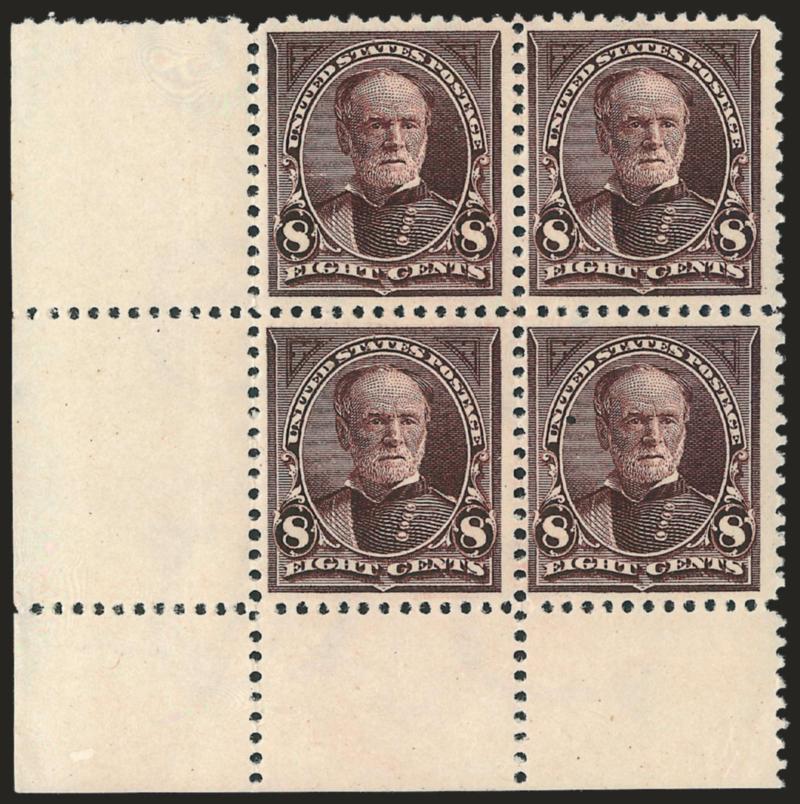 1c-8c 1895 Bureau Issue (264-272).> Blocks of four except 1c block of 16, one of the 2c with single Ty. II at bottom left and others Ty. III (no complete block of Ty. II), original gum except 4c unused (no gum),
overall fresh and Fine-Very Fine
