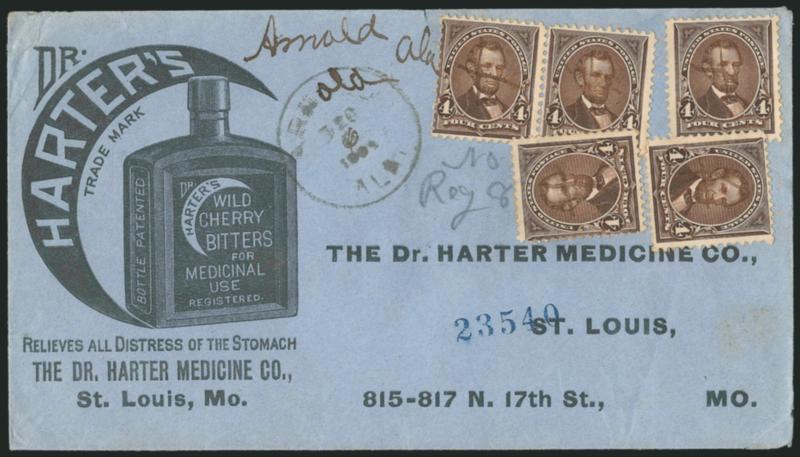 4c Dark Brown (254).> Horizontal pair and three singles, each cancelled by ms. X on blue registered cover with arters Wild Cherry Bitters Medicine illustrated> design to St. Louis, neat Arnold Ala. Dec. 6, 1894
circular datestamp and also ms.
