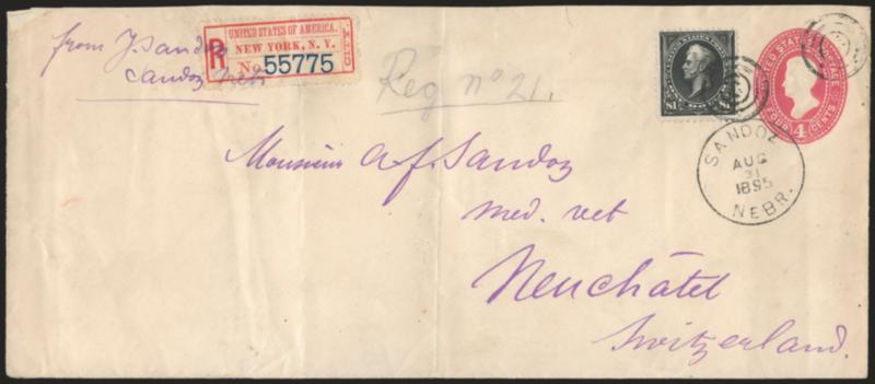 $1.00 Black, Ty. I (261).> Tied by target on legal-size 4c Red entire, similarly cancelled, Sandoz Nebr. Aug. 31, 1895 circular datestamp, <to Neuchatel, Switzerland,> pencil registry information and New York
registry label, vertical file fold well