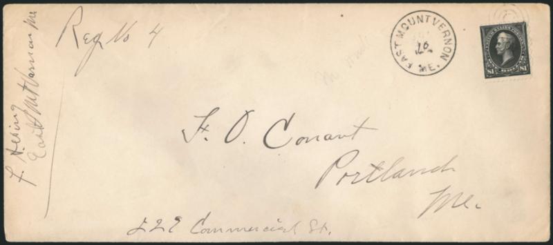 $1.00 Black, Ty. I (261).> Tied by target, East Mount Vernon Me. Jul. 10, 1895 circular datestamp on oversize registered cover to Portland Me., missing part of backflap, Very Fine, rare $1.00 unwatermarked
Bureau usage
