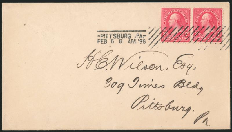 2c Carmine, Ty. II-III (266-267).> Horizontal pair, radiant color, tied by Pittsburgh Pa. Feb. 6, 8- AM 1896 machine cancel on locally addressed cover, fresh and Very Fine, this is the <earliest documented usage
of the combination pair>