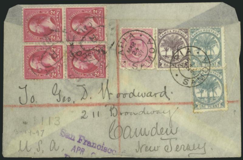 2c Carmine, Ty. III (267).> Block of four, brilliant color, tied by San Francisco Cal. registry ovals and <used with three different denominations of Samoan stamps> on registered tissue paper cover to Camden
N.J., Samoa stamps tied by Apia, Samoa