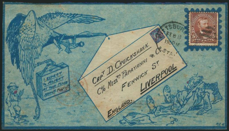 5c Chocolate (270).> S.e. at right, tied by Pittsburgh Feb. 8 duplex on <elaborate hand-drawn illustrated cover to Liverpool, England,> depicting among other things a stork at left carrying a case with I expect
to alight at your place about Feby.
