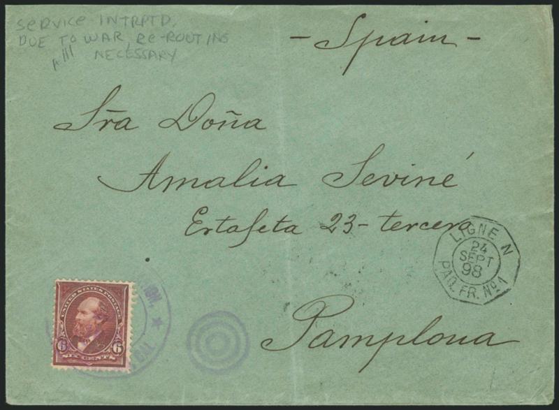 6c Dull Brown (271).> Tied by purple San Francisco military station double-circle datestamp on green cover <to Pamplona, Spain,> neat strike of Ligne N. Paq. Fr. No. 1, 24 Sept. 1898 octagonal datestamp,
receiving backstamp, pencil Service intrptd