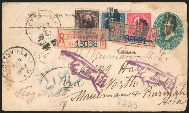 8c Violet Brown (272).> Used with 1c Blue (264) and 2c Carmine, Ty. III (267), tied by corks on 2c Green entire <to Chieng Mai, North Laos,> Scottsville N.Y. Mar. 12, 1897 circular datestamp, New York registry
labels affixed over stamps, back of co