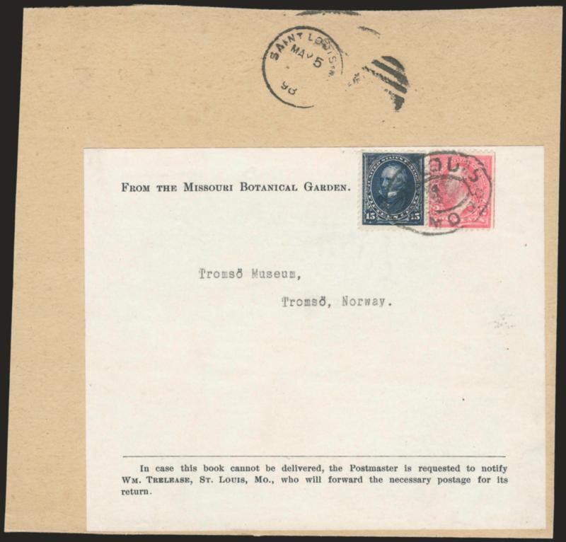 15c Dark Blue (274).> Used with 2c Pink, Ty. III (267a) and tied by St. Louis Mo. oval handstamp on label portion of parcel from Missouri Botanical Garden <to Tromso, Norway,> also with Saint Louis Mo. May 5,
1898 duplex, Very Fine, scarce usage