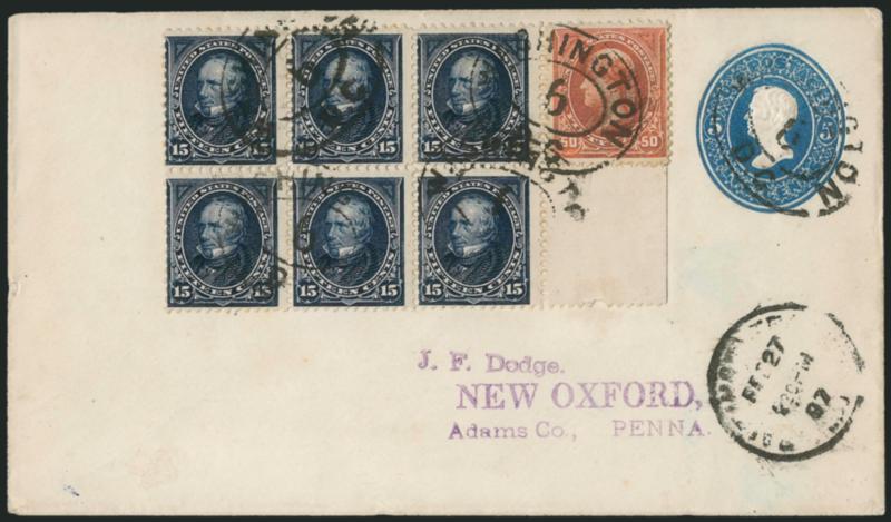 50c Orange (275).> S.e. at top, used with <block of six> of 15c Dark Blue (274) with selvage at right on 5c Blue entire (U177) to New Oxford Penn., tied by Washington D.C. ovals and with Feb. 27, 1897 circular
datestamp, the 50c affixed over part of